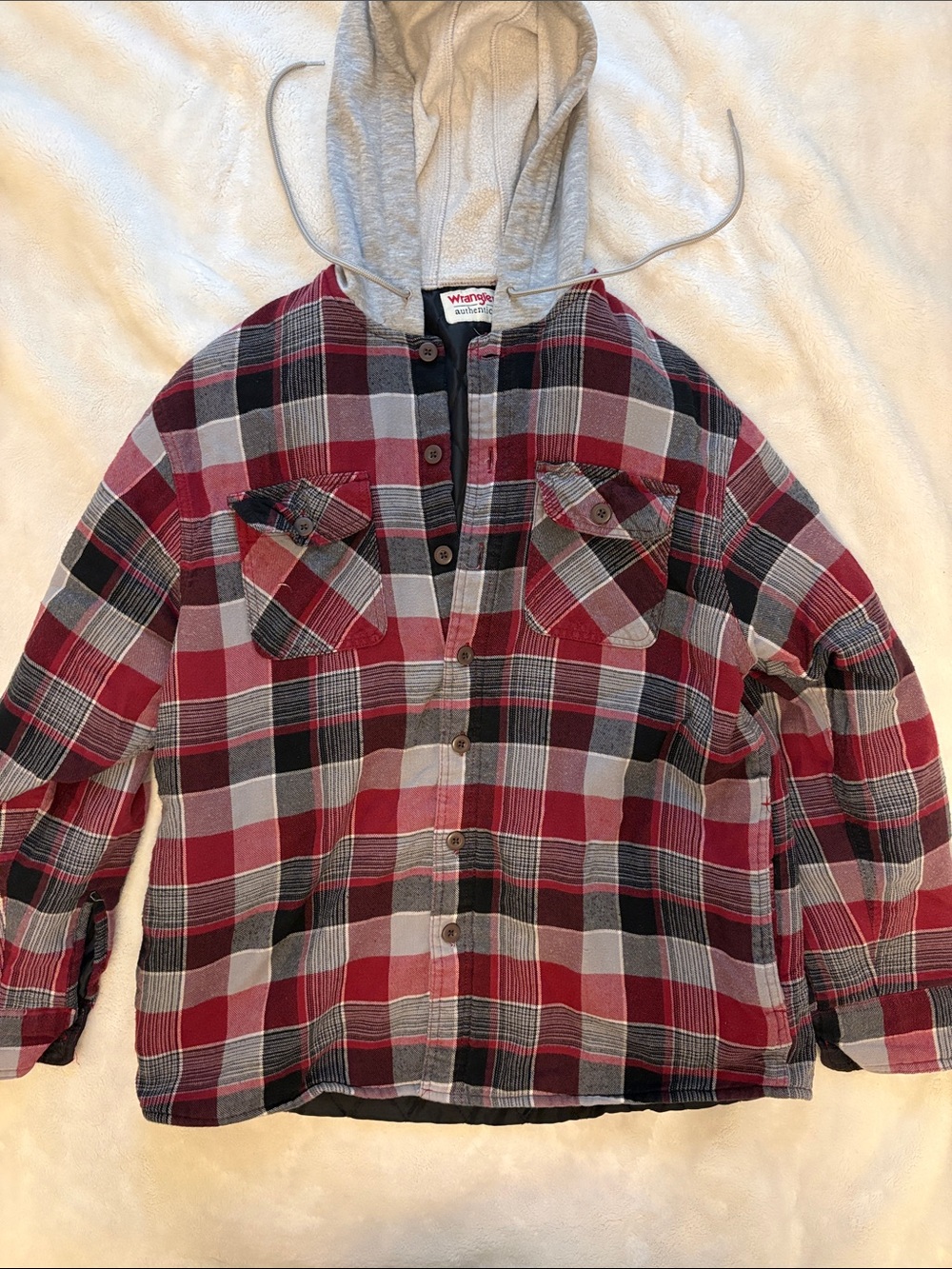 Wrangler Authentics Men’s Quilted Lined Plaid Flannel Jacket with Hood - Medium